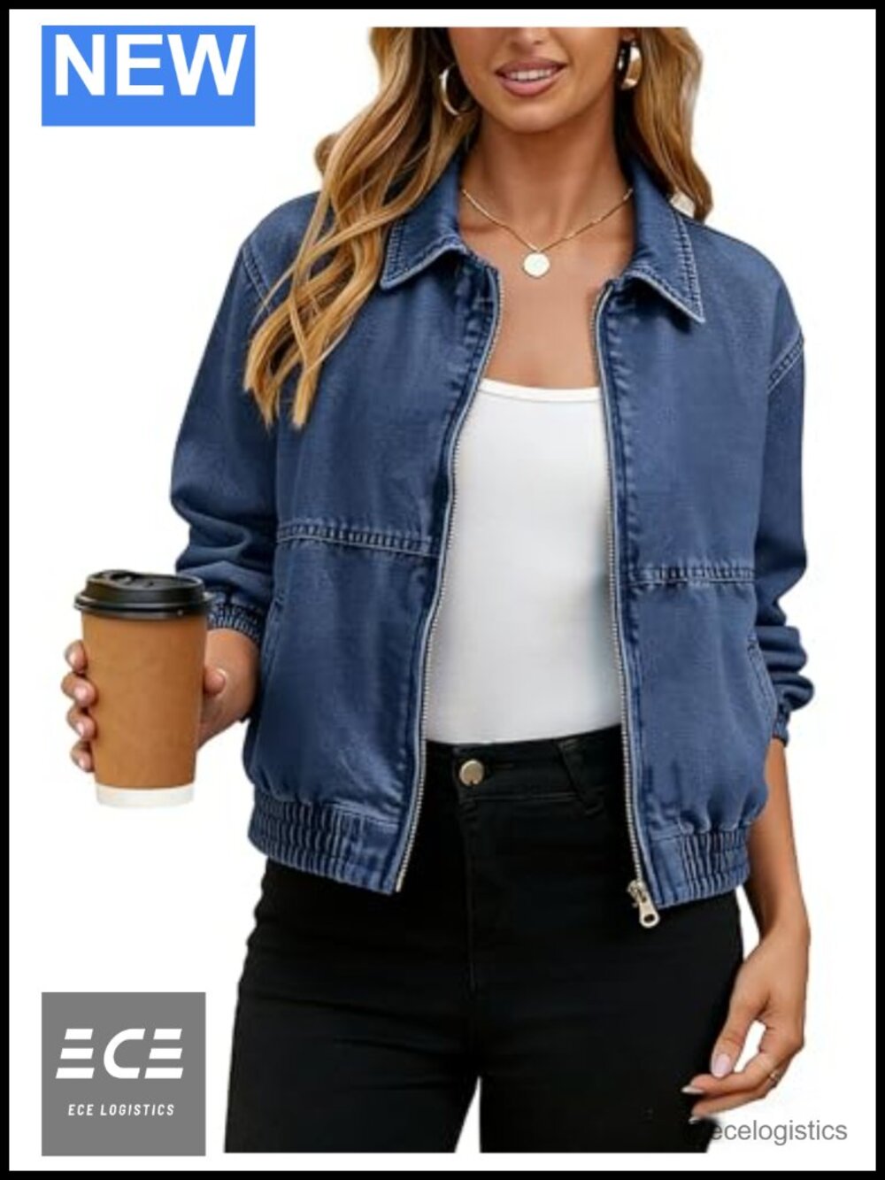 Cropped Zip Up Denim Bomber Jacket Elastic Hem Cuffs Stretch Jean Coat